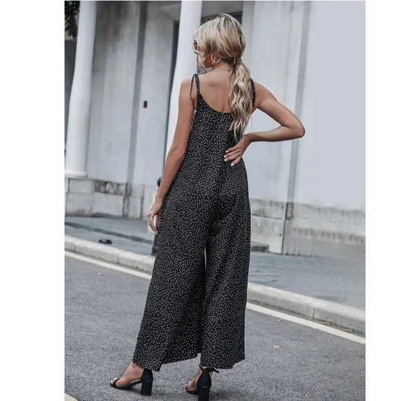 Tie Shoulder Polka Dot Black Wide Loose Fitting Jumpsuit - Picture 3 of 9